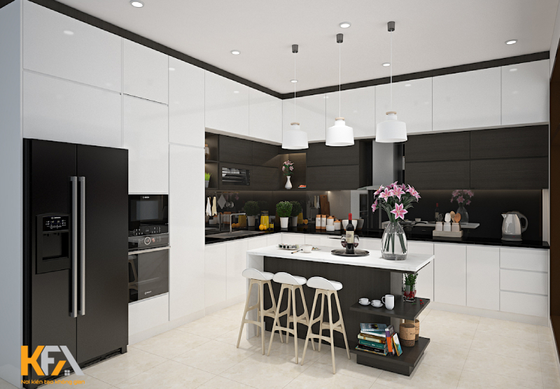 Phòng bếp tone màu đen trắng đối lập đầy ấn tượng