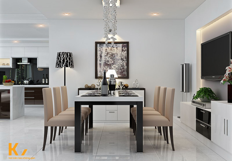 Sự kết hợp giữa trắng và vàng trung tính tạo thêm sự sang trọng cho căn bếp