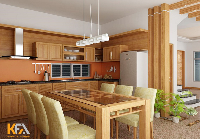 Không gian bếp kết hợp hoa văn nhỏ và vân gỗ nâu hài hòa