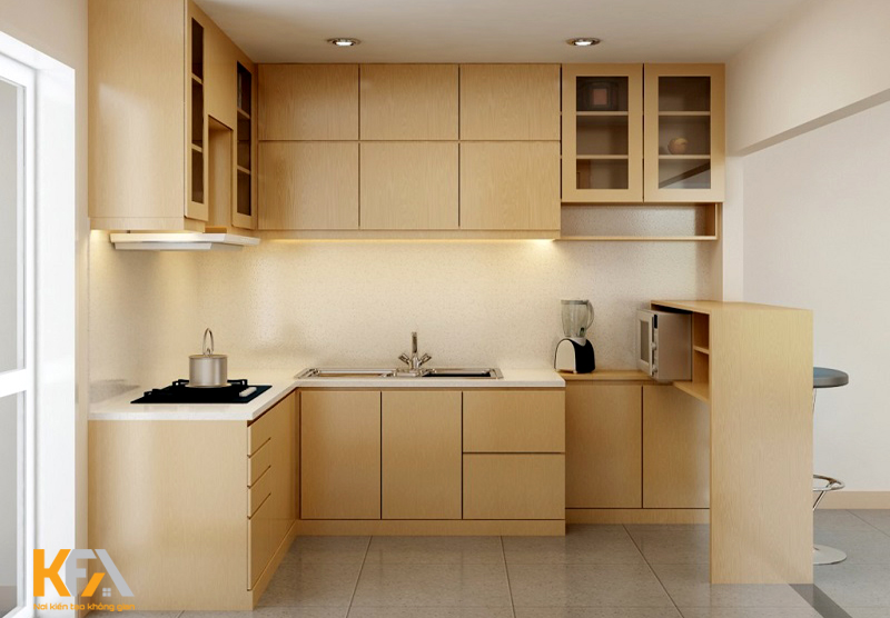 Không gian bếp mang phong cách lãng mạn, mềm mại kết hợp hài hòa từng chi tiết giữa lớp sơn mờ và tay nắm phía dưới.