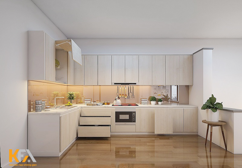 Tủ bếp màu trắng làm nổi bật phong cách Bắc Âu