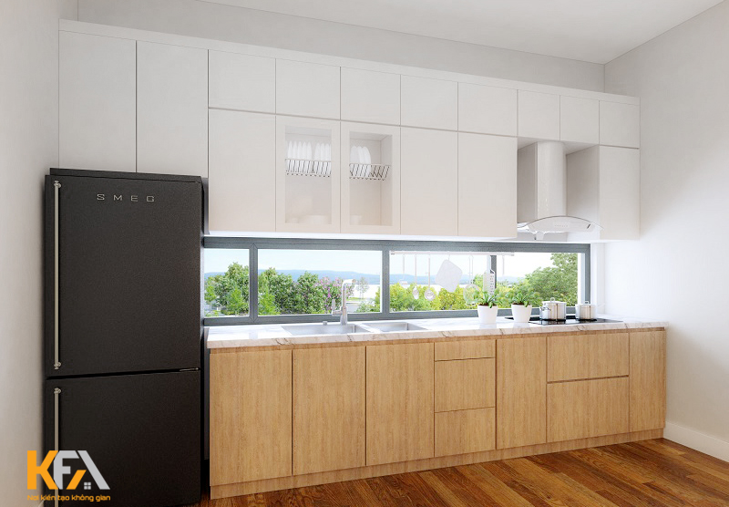 Không gian bếp rộng, cửa sổ thông gió lớn giúp bếp đón nhiều ánh sáng tự nhiên