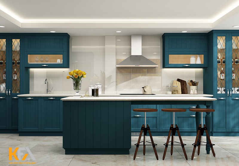 Tủ bếp đẹp với thiết kế quầy bar màu trắng xanh ấn tượng